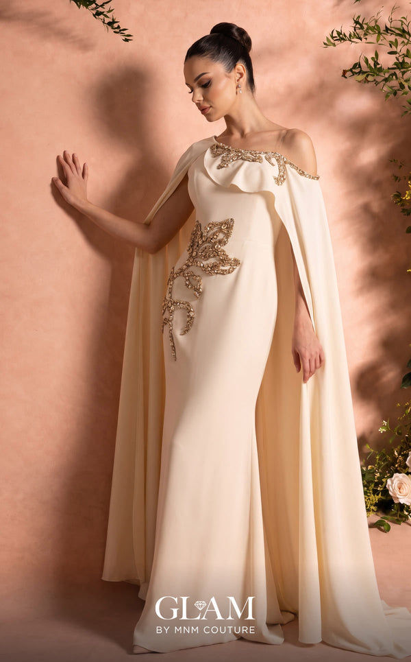 MNM Couture Style O07824 mermaid crepe gown with cape, crystal and rhinestone embellishments | Couture Shop LA