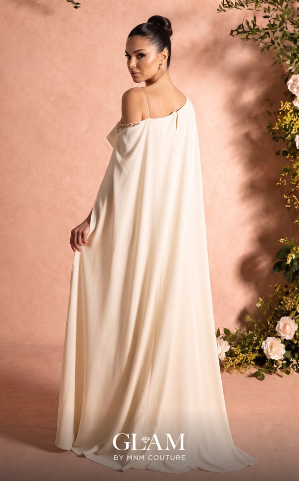 MNM Couture Style O07824 mermaid crepe gown with cape, crystal and rhinestone embellishments | Couture Shop LA