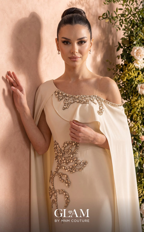 MNM Couture Style O07824 mermaid crepe gown with cape, crystal and rhinestone embellishments | Couture Shop LA