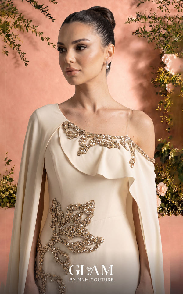 MNM Couture Style O07824 mermaid crepe gown with cape, crystal and rhinestone embellishments | Couture Shop LA