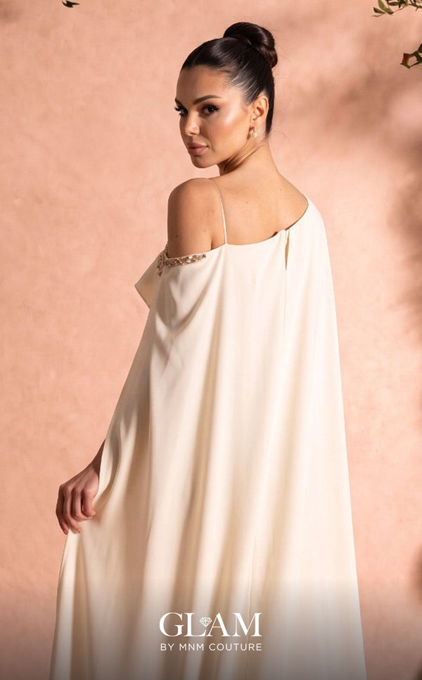 MNM Couture Style O07824 mermaid crepe gown with cape, crystal and rhinestone embellishments | Couture Shop LA