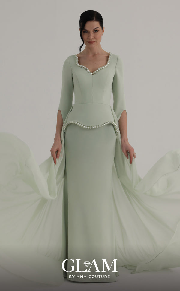 MNM Couture O07826 V-neck crepe chiffon gown with cape sleeves, pearl detailing, and chiffon overskirt train