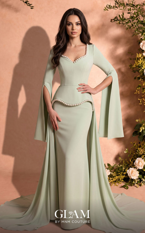 MNM Couture O07826 V-neck crepe chiffon gown with cape sleeves, pearl detailing, and chiffon overskirt train