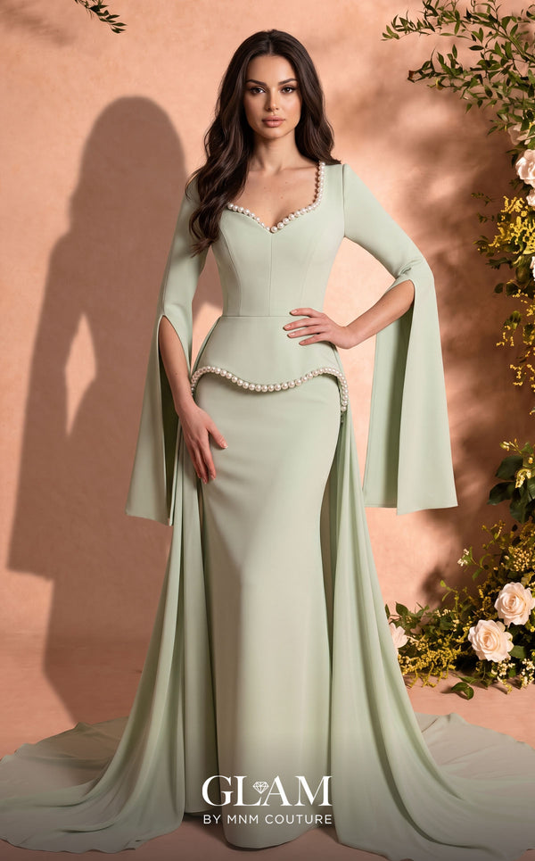 MNM Couture O07826 V-neck crepe chiffon gown with cape sleeves, pearl detailing, and chiffon overskirt train