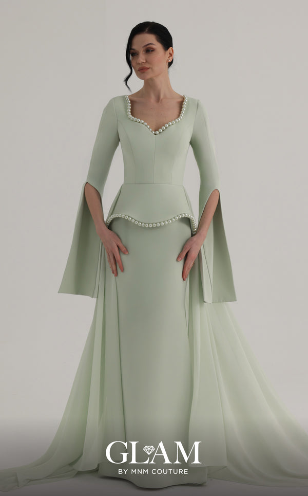 MNM Couture O07826 V-neck crepe chiffon gown with cape sleeves, pearl detailing, and chiffon overskirt train