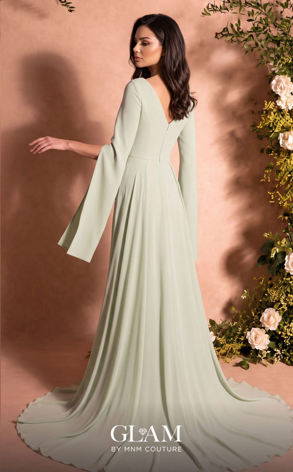 MNM Couture O07826 V-neck crepe chiffon gown with cape sleeves, pearl detailing, and chiffon overskirt train