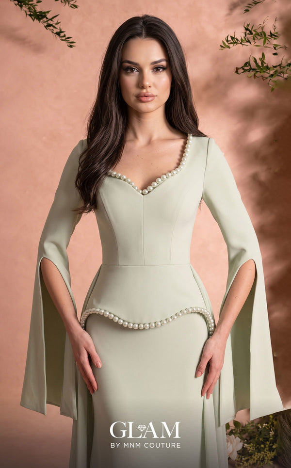 MNM Couture O07826 V-neck crepe chiffon gown with cape sleeves, pearl detailing, and chiffon overskirt train