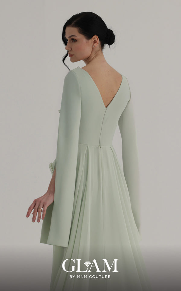 MNM Couture O07826 V-neck crepe chiffon gown with cape sleeves, pearl detailing, and chiffon overskirt train
