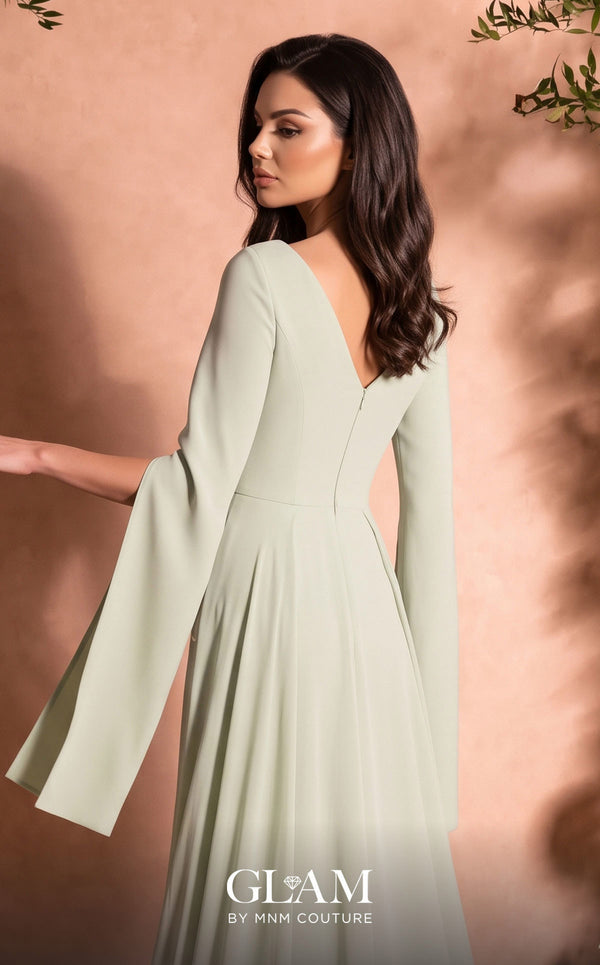 MNM Couture O07826 V-neck crepe chiffon gown with cape sleeves, pearl detailing, and chiffon overskirt train