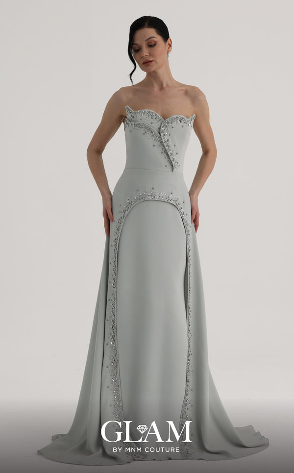 MNM Couture O07828 strapless crepe column gown with sweetheart corset, crystals, arch cut, and overskirt train