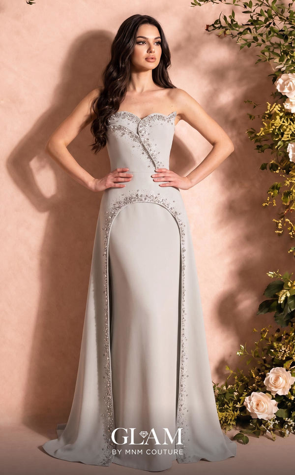 MNM Couture O07828 strapless crepe column gown with sweetheart corset, crystals, arch cut, and overskirt train