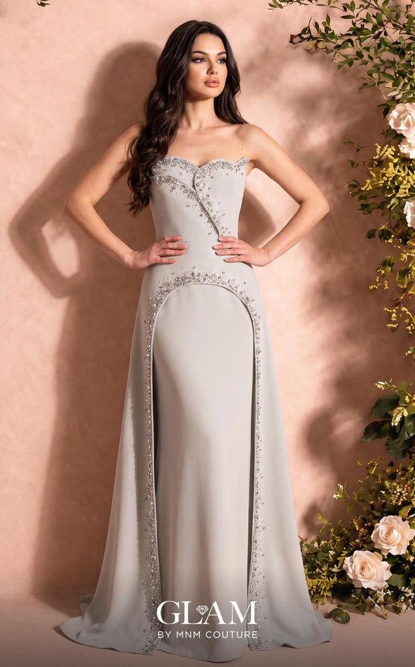 MNM Couture O07828 strapless crepe column gown with sweetheart corset, crystals, arch cut, and overskirt train