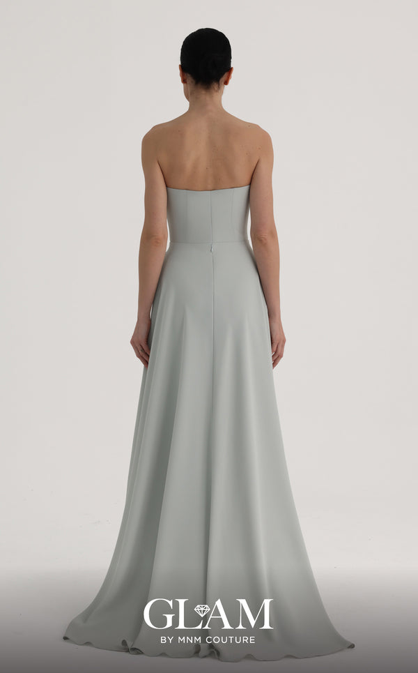 MNM Couture O07828 strapless crepe column gown with sweetheart corset, crystals, arch cut, and overskirt train