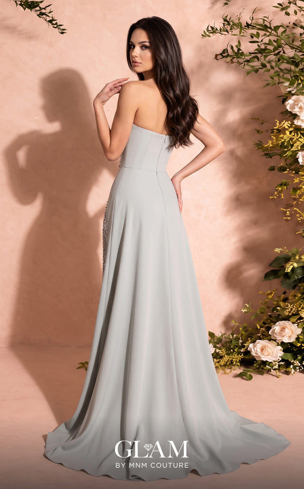 MNM Couture O07828 strapless crepe column gown with sweetheart corset, crystals, arch cut, and overskirt train