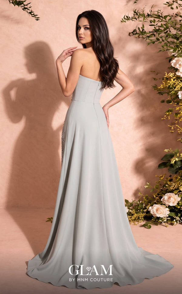 MNM Couture O07828 strapless crepe column gown with sweetheart corset, crystals, arch cut, and overskirt train