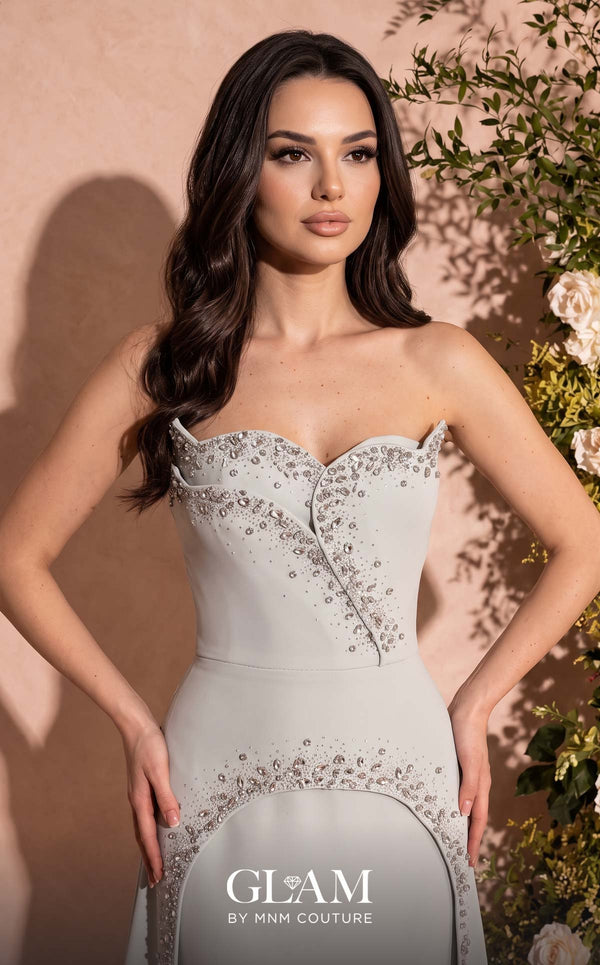 MNM Couture O07828 strapless crepe column gown with sweetheart corset, crystals, arch cut, and overskirt train