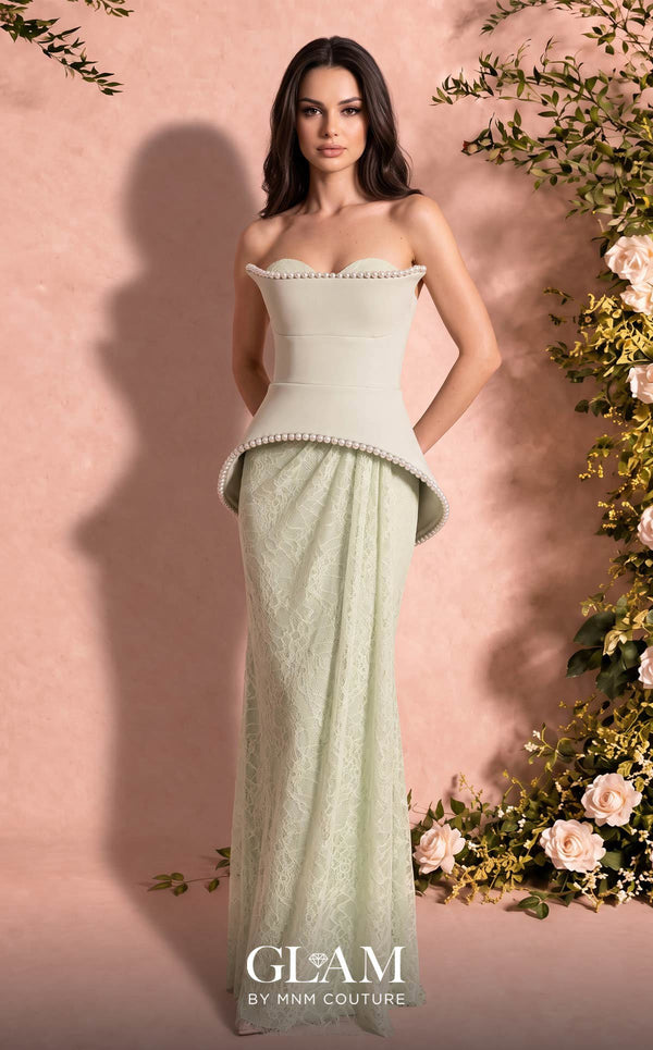 MNM Couture Style O07829 crepe and lace A-line gown with pearl-embellished corset and elegant draped lace skirt | Couture Shop LA