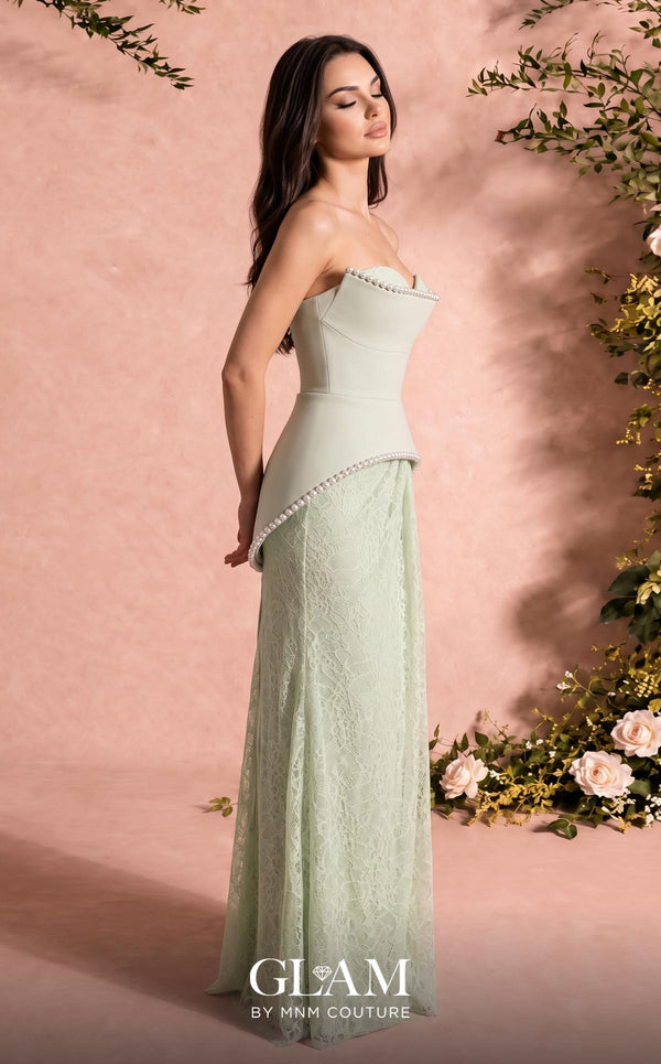 MNM Couture Style O07829 crepe and lace A-line gown with pearl-embellished corset and elegant draped lace skirt | Couture Shop LA