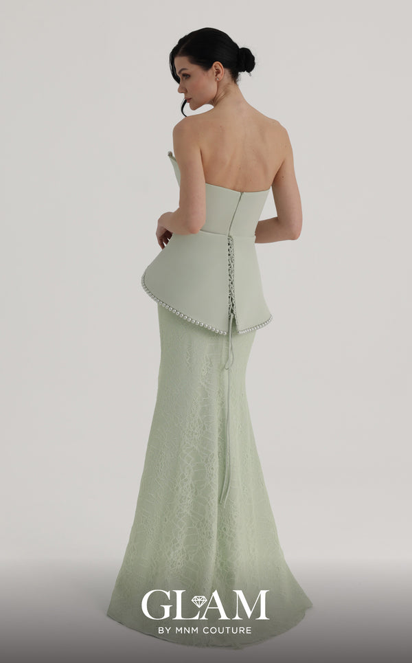 MNM Couture Style O07829 crepe and lace A-line gown with pearl-embellished corset and elegant draped lace skirt | Couture Shop LA