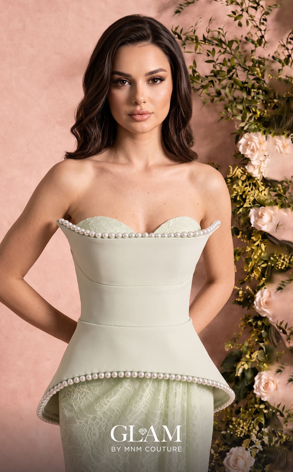 MNM Couture Style O07829 crepe and lace A-line gown with pearl-embellished corset and elegant draped lace skirt | Couture Shop LA