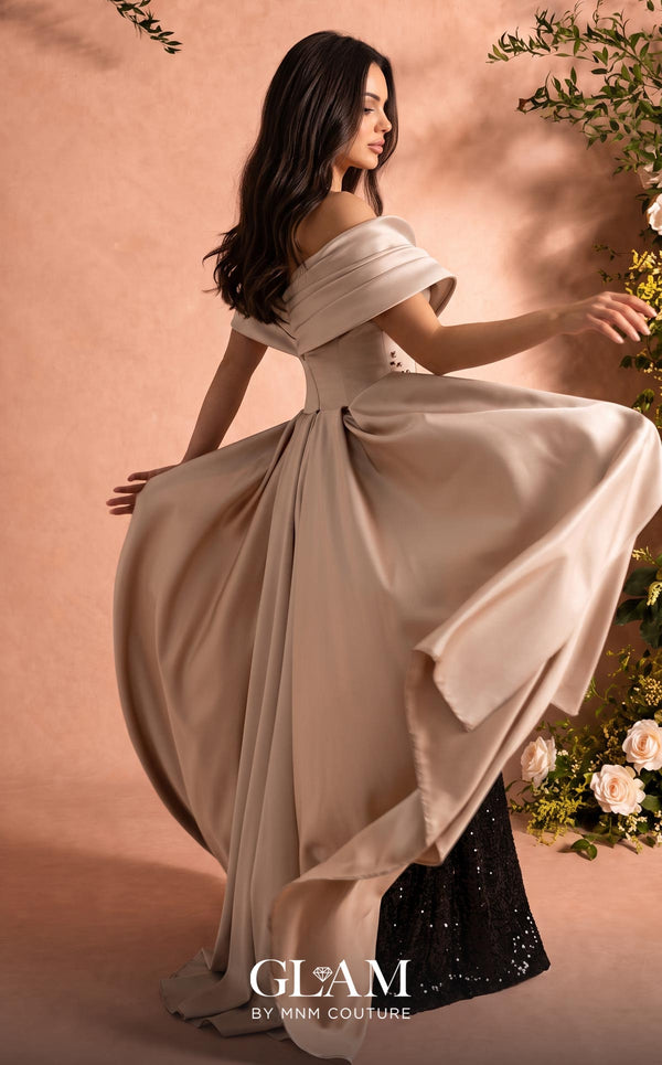 MNM Couture O07834 black and beige off-shoulder sweetheart gown with draped satin bodice, crystal and pearl beaded wave seam, black sequin column skirt with slit, and satin back overskirt | Couture Shop LA