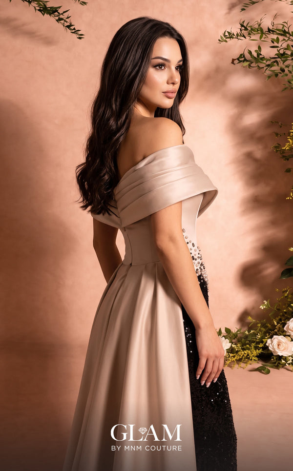 MNM Couture O07834 two-tone off-shoulder sweetheart gown with draped satin bodice, crystal and pearl beaded wave seam, black sequin column skirt with slit, and satin back overskirt | Couture Shop LA