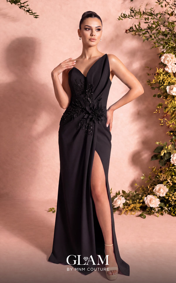 MNM Couture O07836 strapless crepe column gown with sweetheart neckline, beaded floral waist focal point, and high left slit
