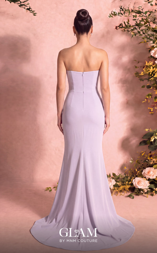 MNM Couture O07836 strapless crepe column gown with sweetheart neckline, beaded floral waist focal point, and high left slit