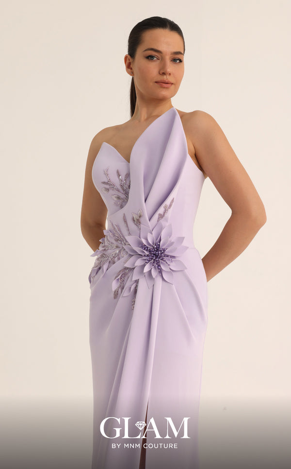 MNM Couture O07836 strapless crepe column gown with sweetheart neckline, beaded floral waist focal point, and high left slit