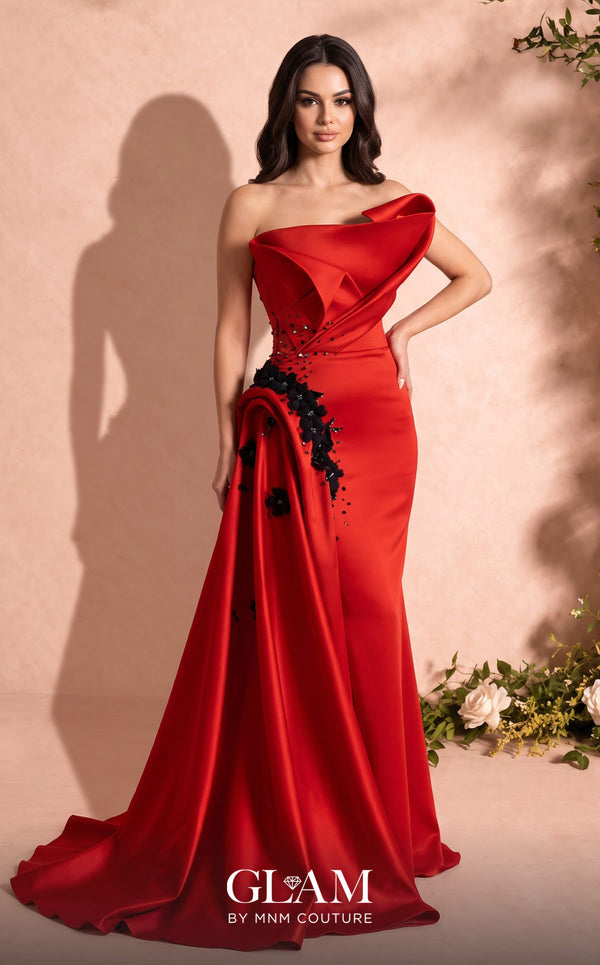 MNM Couture O07840 asymmetric strapless crepe mermaid gown with hand-pleated organza, floral appliqués, and cascading train