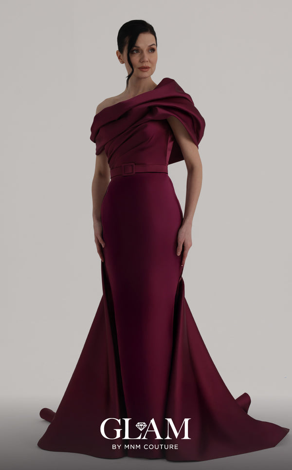 MNM Couture Style O07841 one-shoulder mermaid gown with asymmetric satin short train | Couture Shop LA