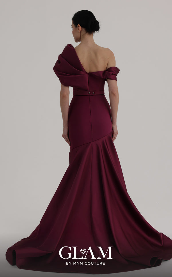 MNM Couture Style O07841 one-shoulder mermaid gown with asymmetric satin short train | Couture Shop LA