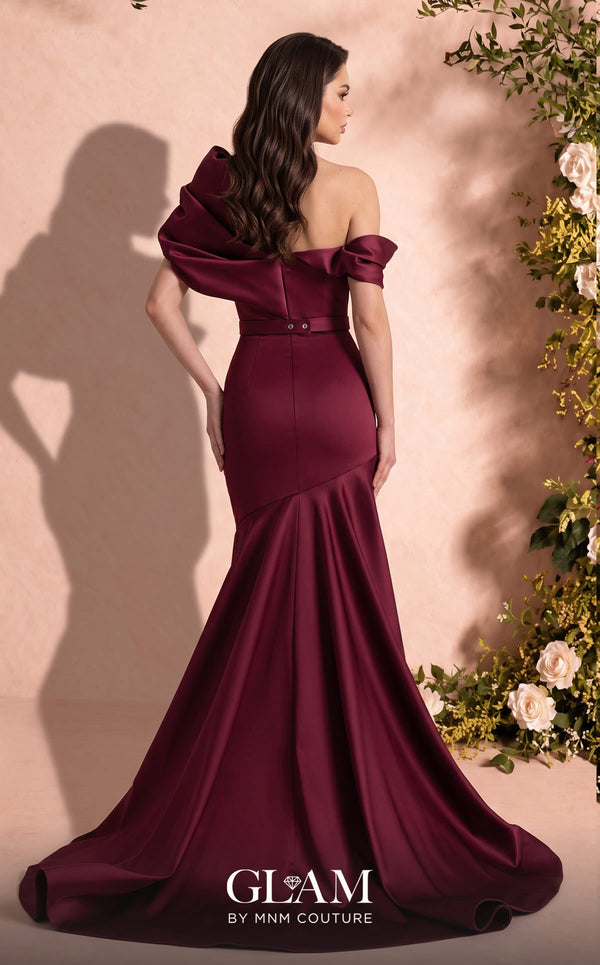 MNM Couture Style O07841 one-shoulder mermaid gown with asymmetric satin short train | Couture Shop LA