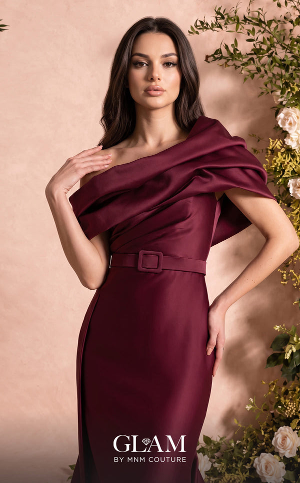 MNM Couture Style O07841 one-shoulder mermaid gown with asymmetric satin short train | Couture Shop LA