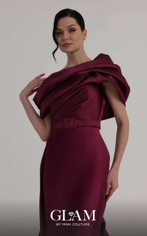 MNM Couture Style O07841 one-shoulder mermaid gown with asymmetric satin short train | Couture Shop LA