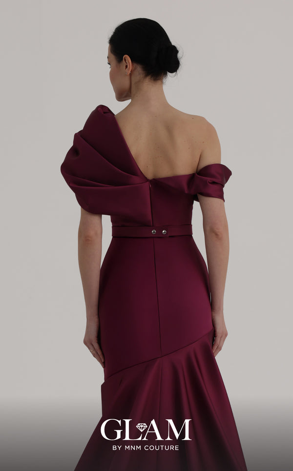 MNM Couture Style O07841 one-shoulder mermaid gown with asymmetric satin short train | Couture Shop LA