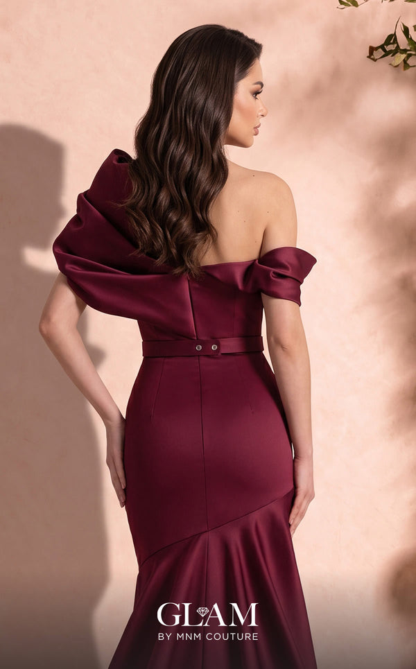 MNM Couture Style O07841 one-shoulder mermaid gown with asymmetric satin short train | Couture Shop LA