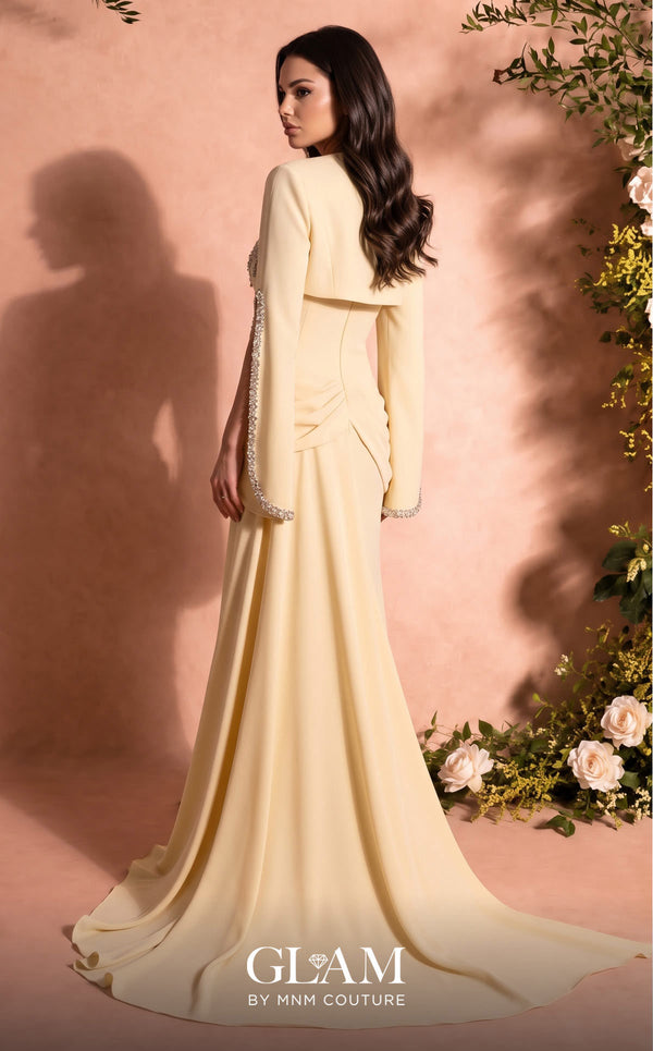 MNM Couture Style O07851 strapless crepe gown with rhinestone bolero, asymmetric waist drape, and pendant brooch | Couture Shop LA