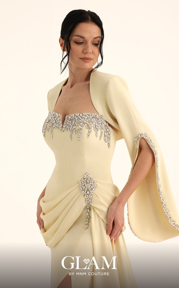 MNM Couture Style O07851 strapless crepe gown with rhinestone bolero, asymmetric waist drape, and pendant brooch | Couture Shop LA
