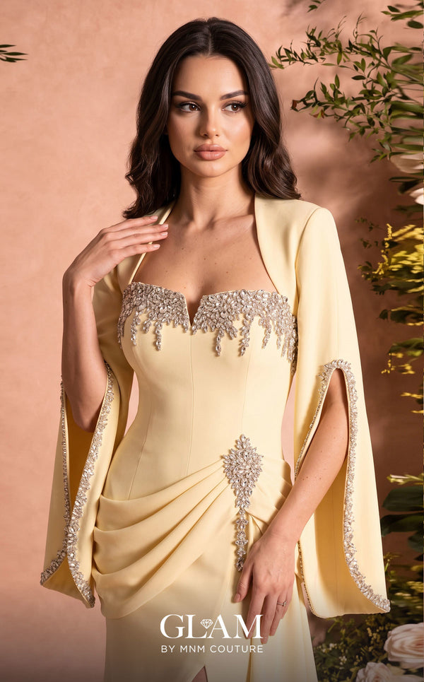 MNM Couture Style O07851 strapless crepe gown with rhinestone bolero, asymmetric waist drape, and pendant brooch | Couture Shop LA