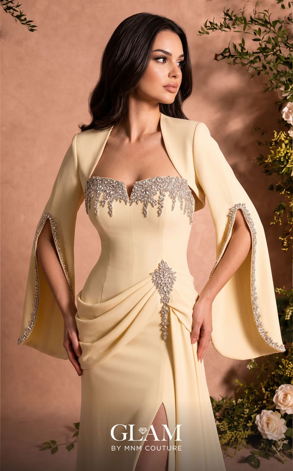 MNM Couture Style O07851 strapless crepe gown with rhinestone bolero, asymmetric waist drape, and pendant brooch | Couture Shop LA