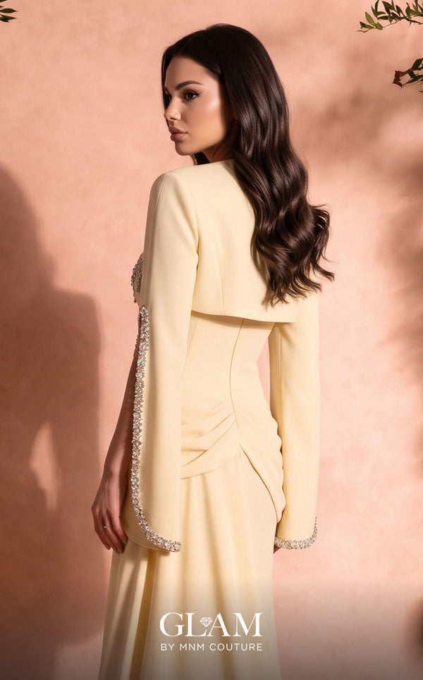 MNM Couture Style O07851 strapless crepe gown with rhinestone bolero, asymmetric waist drape, and pendant brooch | Couture Shop LA