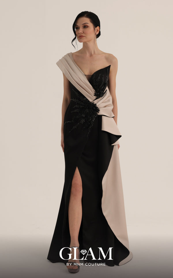 MNM Couture O07853 one-shoulder rayon crepe gown with deep-v mesh neckline, beadwork, and draped side train