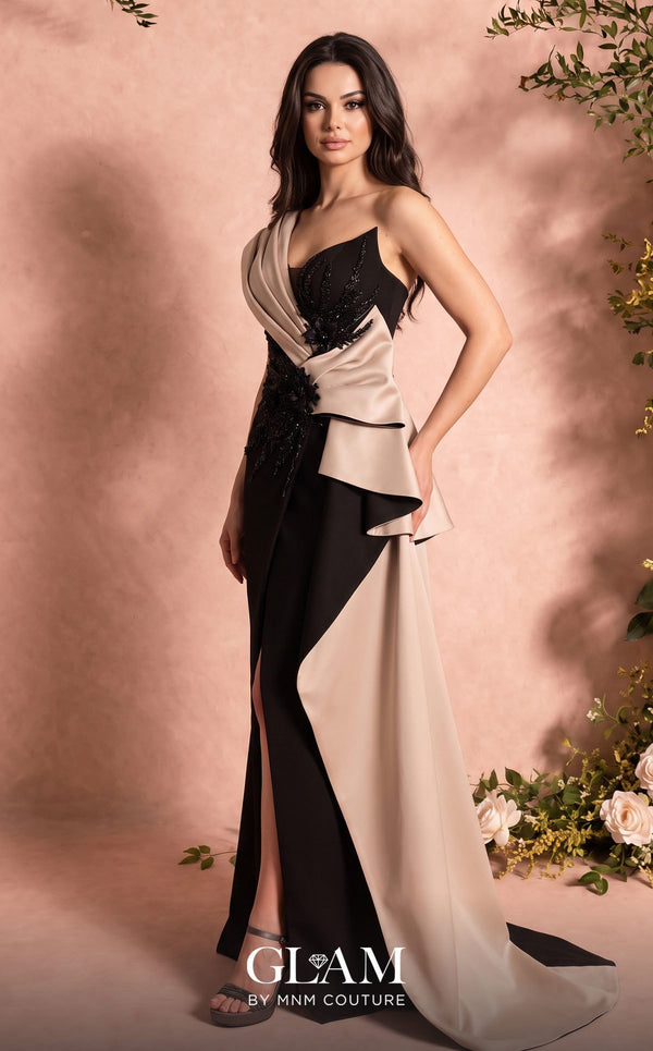 MNM Couture O07853 one-shoulder rayon crepe gown with deep-v mesh neckline, beadwork, and draped side train