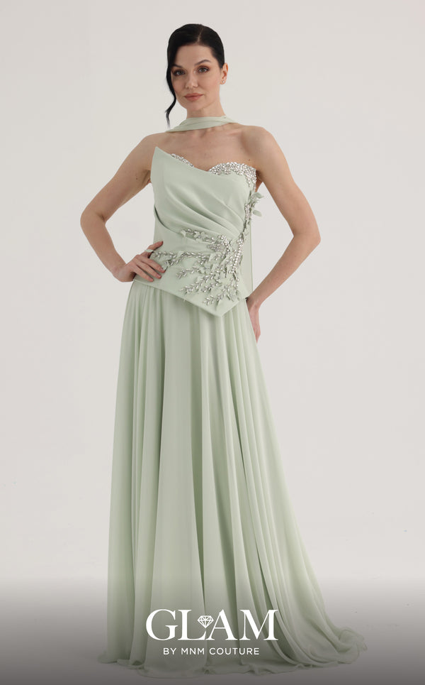 MNM Couture O07856 strapless soft crepe A-line gown with sweetheart neckline, crystals, and laser-cut flowers