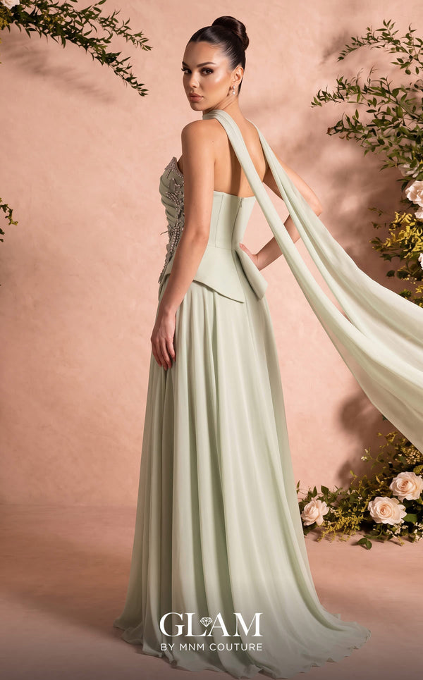 MNM Couture O07856 strapless soft crepe A-line gown with sweetheart neckline, crystals, and laser-cut flowers