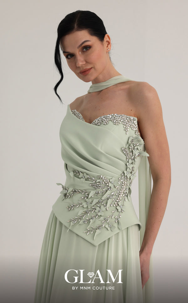 MNM Couture O07856 strapless soft crepe A-line gown with sweetheart neckline, crystals, and laser-cut flowers