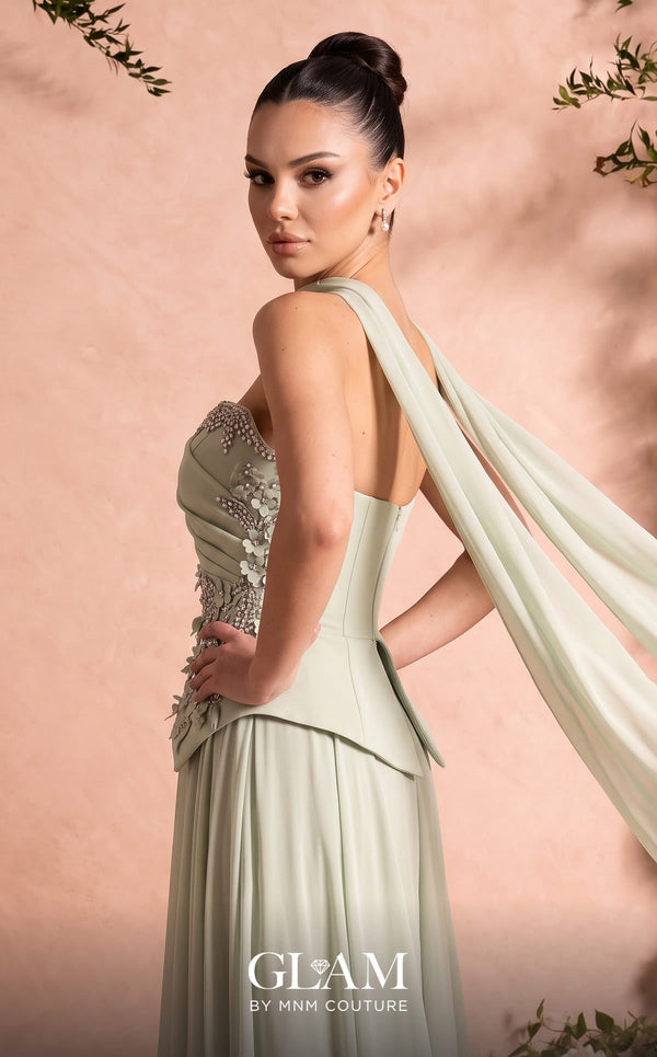 MNM Couture O07856 strapless soft crepe A-line gown with sweetheart neckline, crystals, and laser-cut flowers