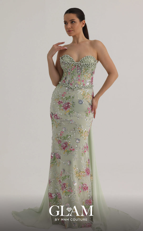 MNM Couture O07858 strapless lace column gown with exposed corsetry, crystals, pearls, and chiffon train