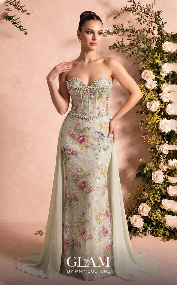 MNM Couture O07858 strapless lace column gown with exposed corsetry, crystals, pearls, and chiffon train